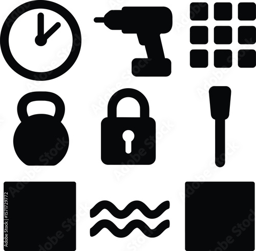 Collection of diverse black icons representing time tools security fitness and abstract shapes