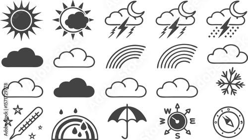 Weather icon set featuring sun clouds rain and other climate symbols in vector illustration style