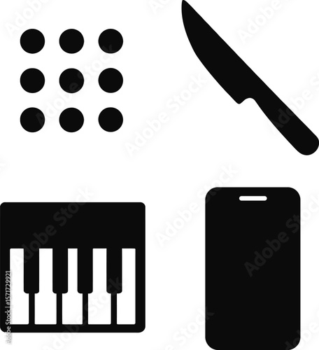 Collection of black icons including a grid of dots a knife a piano keyboard and a smartphone