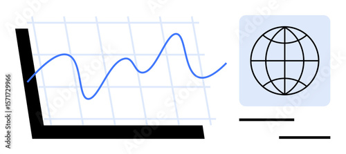 Line graph with fluctuating data trend on grid, globe icon symbolizing global focus. Ideal for analytics, statistics, global reach, economy, education, market trends growth insight. Simple flat