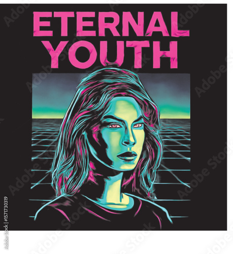 T Shirt Of Vibrant Digital Portrait of a Woman with Neon Colors a - Eternal Youth Concept AI Generated
