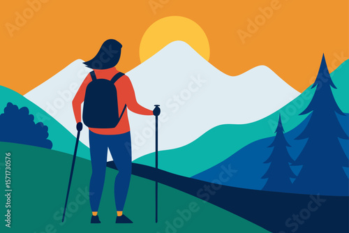 Back View Of Woman Hiking Alone Summer Mountain Trail