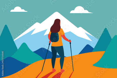 Back View Of Woman Hiking Alone Summer Mountain Trail