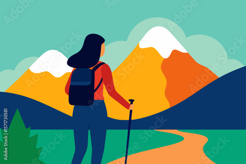 Back View Of Woman Hiking Alone Summer Mountain Trail