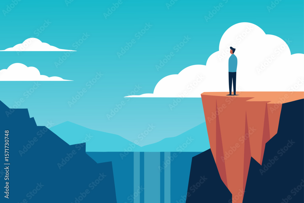 Obraz premium Man Standing On Cliff Rock Looking Down