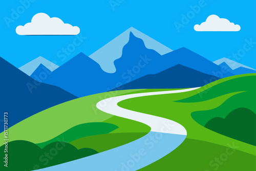 Mountain Landscape With Winding Road And Green Meadow