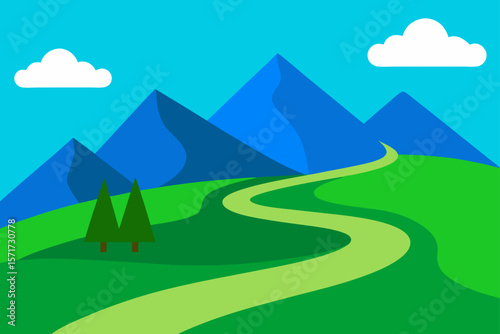 Mountain Landscape With Winding Road And Green Meadow
