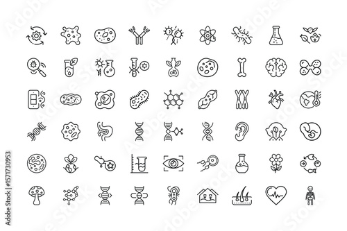 Collection of Science and Biology Line Icons Representing Diverse Scientific Fields