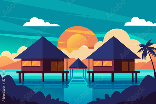 Tropical Luxury Resort Bungalows Over the Turquoise Sea