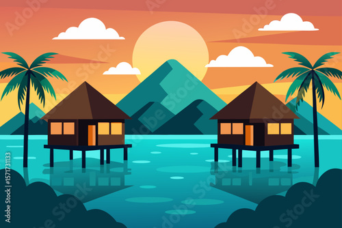 Tropical Luxury Resort Bungalows Over the Turquoise Sea