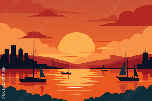 Urban Coastal Sunset Paints the Sky with Orange Red Hues