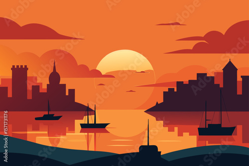 Urban Coastal Sunset Paints the Sky with Orange Red Hues