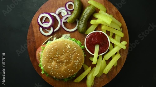 Delicious burger with fries and condiments food photography studio shot