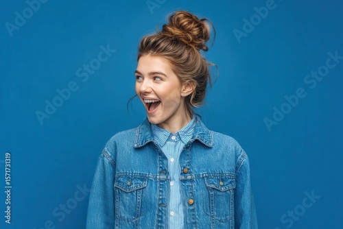 A funky teen is captured in a profile side view photo, shouting loudly with their hand near their open mouth, dressed in modern youngster clothes on a blue background