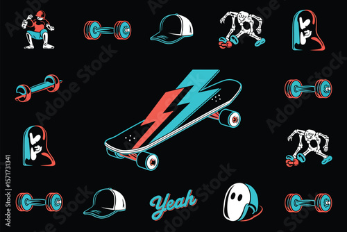 Skateboard Line Art Collection: Lightning Bolt, Peace Sign, Skull, Shoes, Hat, Helmet, and Board for Vibrant Streetwear and Urban Graphics.  

