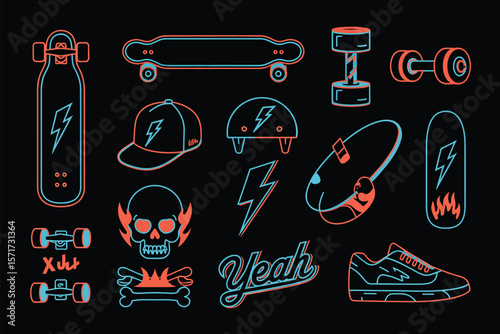 Streetwear Skate Vector Art: Lightning Bolt, Peace Hand, Skull, Sneakers, Cap, Helmet, and Skateboard for Bold Urban Design Illustrations.  

