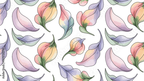 Seamless pattern with watercolor leaves and buds on a white background artful design