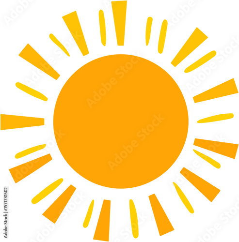 Bright sun icon radiating warmth on white background, hot weather symbol