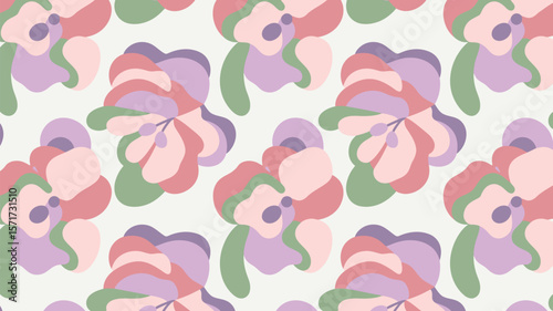 Repeating floral pattern with abstract shapes in pastel colors on white background