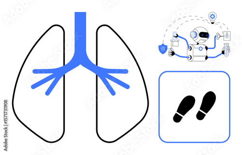 Lungs diagram, robotic assistant managing controls, and footprints reflecting movement and tracking. Ideal for healthcare, AI, fitness, technology, breath monitoring automation future. Simple flat