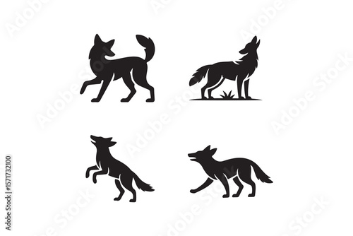 Four Black Silhouette Coyotes in Different Poses.This image features four stylized, black silhouette illustrations of coyotes.