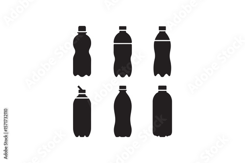 Collection of Black Silhouette Plastic Bottles.Six different shapes of plastic bottles, depicted as solid black silhouettes against a white background.