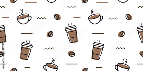 Seamless coffee pattern with takeaway cups, coffee mugs, beans, and abstract lines. Perfect for café branding, packaging, fabric, wallpapers, and digital backgrounds with a modern touch.