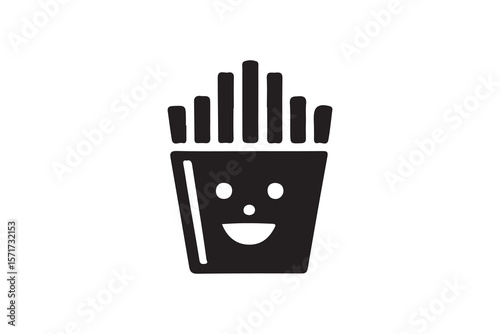 Happy french fries in a container graphic design.A simple, black and white graphic of french fries in a container with a happy face.