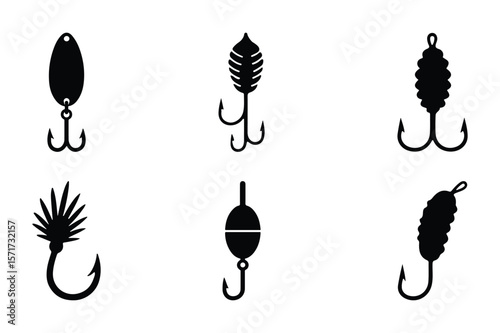 Set of fishing lure and bait icons silhouettes for outdoor themed designs.
