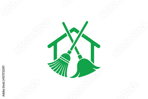 Green home cleaning logo with crossed brooms.A simple, clean logo design featuring two crossed brooms and a house silhouette in the center.
