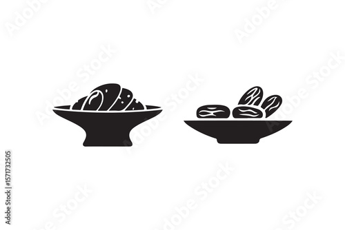 Two Dishes of Dates and Other Food, Isolated Vector Illustration.A simple, black and white vector graphic showing two stylized dishes.