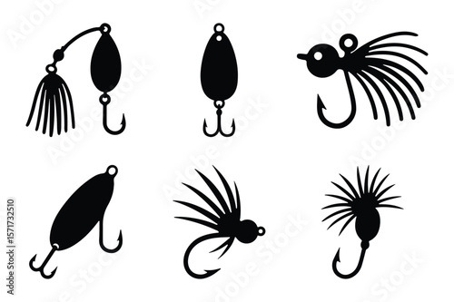 Vector illustration of fishing lure and bait icons for sport fishing design.