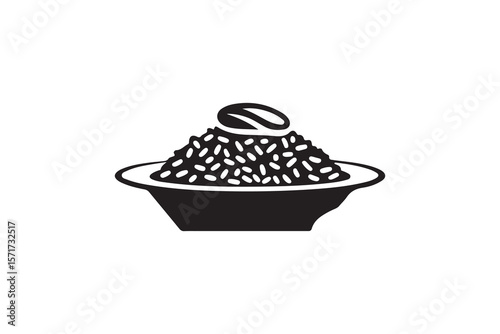 Deliciously simple rice dish in a plate.A black and white graphic of a plate of rice, likely seasoned or with a topping.