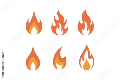 Six Different Fire Icon Designs on White Background.Simple, flat, orange and yellow fire icons, isolated on a plain white background.