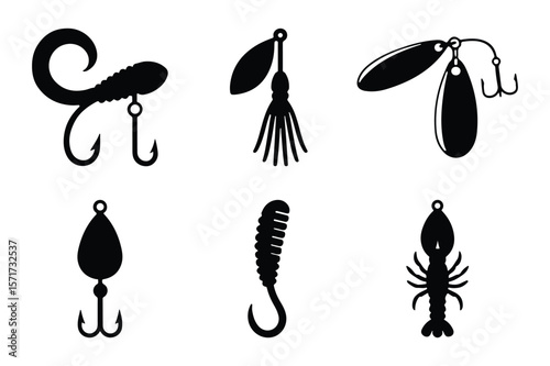 Fishing bait and lure vector pack icon set isolated on white background.