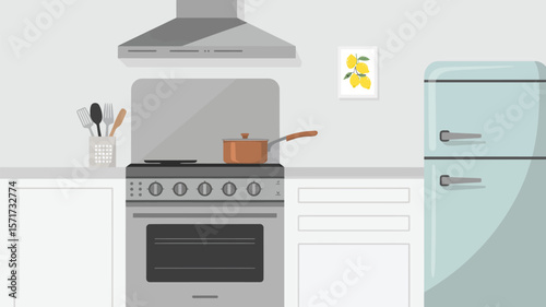 Illustration of a kitchen with a stove, refrigerator, and lemon artwork on wall