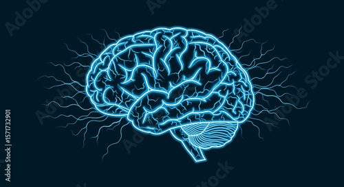 Electric Blue Neural Network Brain Digital Line Art Illustration
