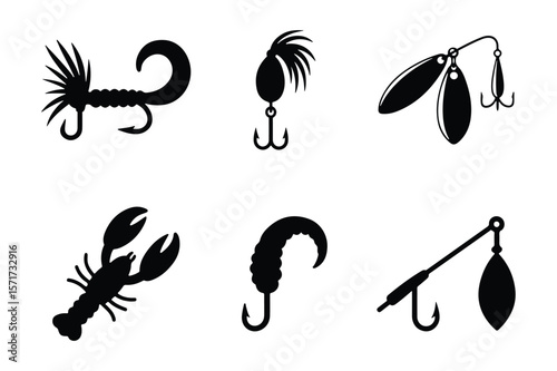 Vector illustration of fishing lures and bait in black silhouette style.