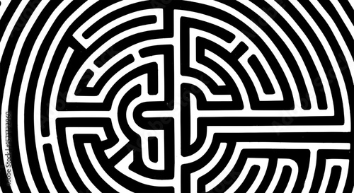 Circular Labyrinth Maze Pattern Vector Background in Black and White
