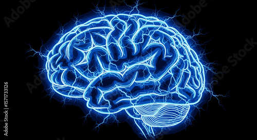 Electric Blue Neural Network Brain Line Art Digital Illustration
