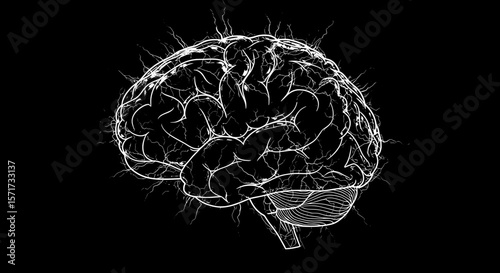 Monochrome Brain Contour Line Art Illustration with Abstract Neural Pattern
