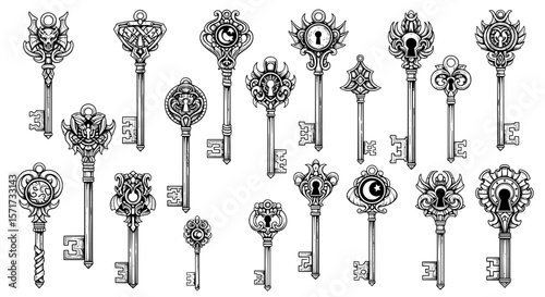 Vintage Skeleton Key Collection Vector Set with Ornate Designs
