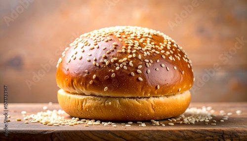 Close-up of a sesame seed bun on a wooden board