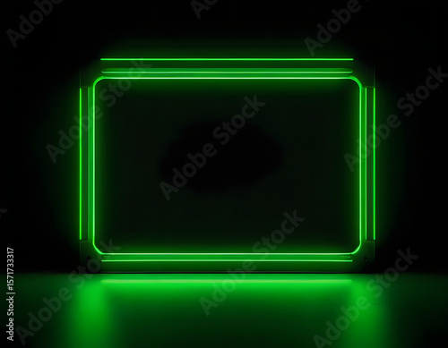 Glowing green neon rectangular frame on dark background with clean and modern styling for product display and copy space long title Glowing green, glowing green screen