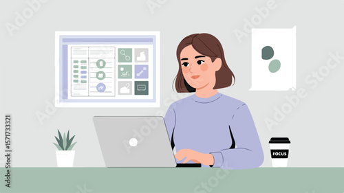 Simple flat design – person working from home, laptop, coffee cup, productivity icons, cozy home workspace