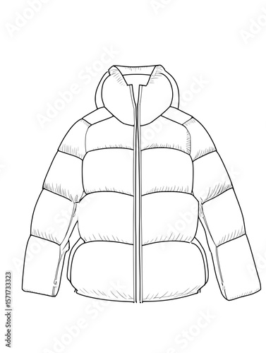Technical Line Drawing of a Puffer Jacket Apparel Design Blueprint
