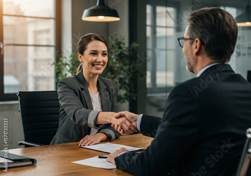 Fototapeta Naklejka Na Ścianę i Meble -  Bank Worker Woman Shaking Hand with Client, HR Manager Welcomes Recruit Employee.