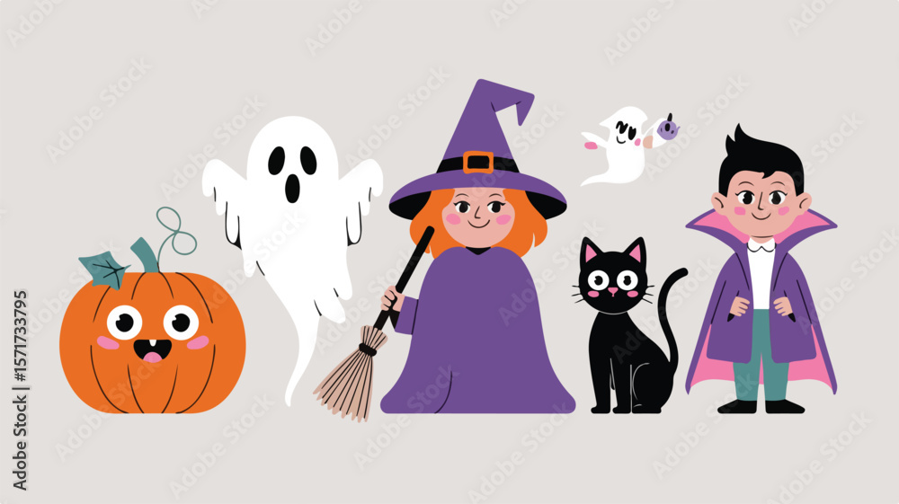 Obraz premium Flat vector illustration of cute Halloween characters – smiling pumpkin, ghost, witch, black cat, and vampire, in minimal cartoon style with soft colors