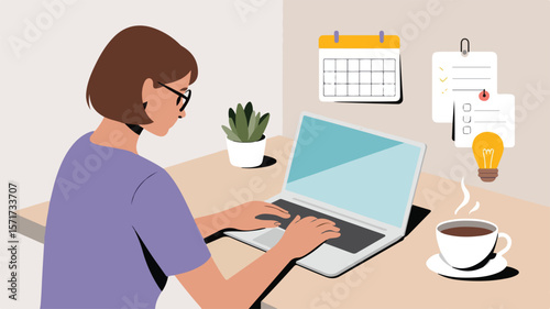 Simple flat design – person working from home, laptop, coffee cup, productivity icons, cozy home workspace