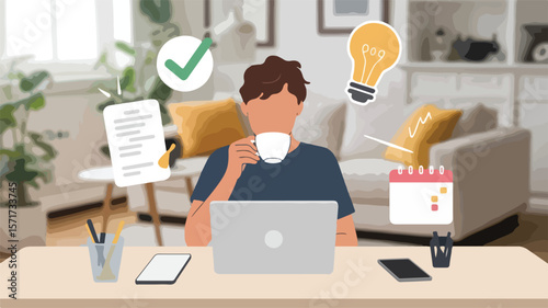 Simple flat design – person working from home, laptop, coffee cup, productivity icons, cozy home workspace